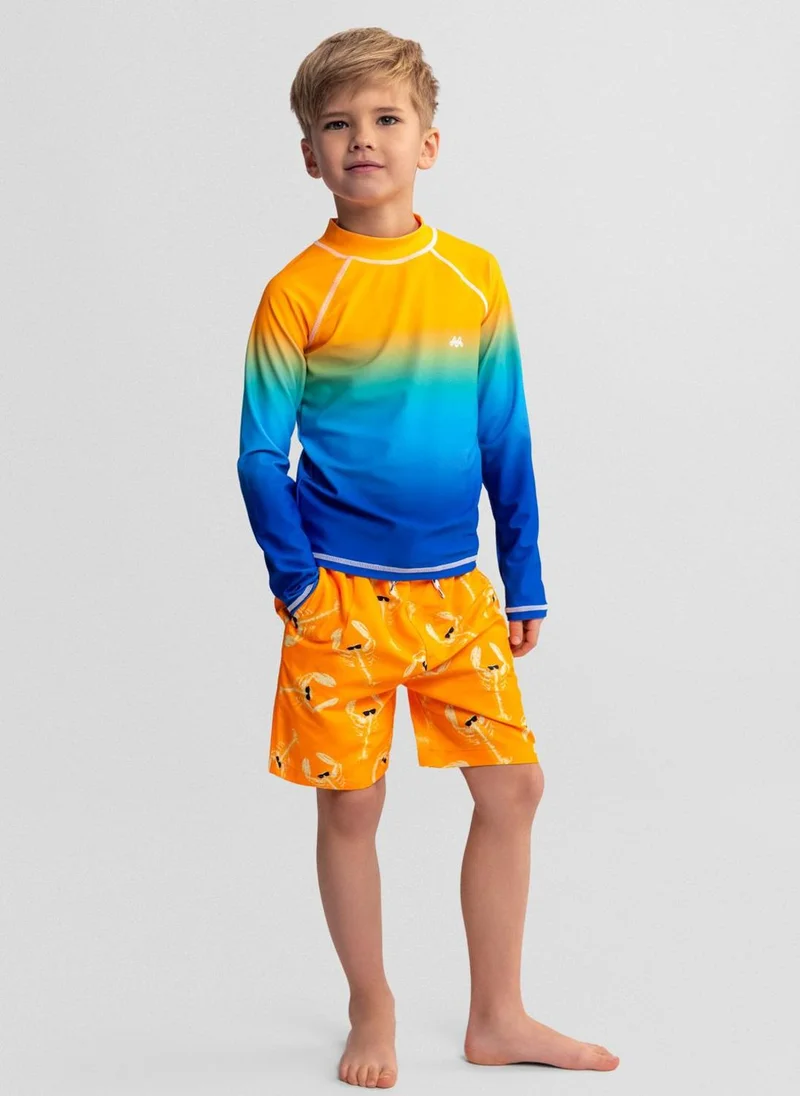 مينوتي Boys long sleeve rash vest turquoise and orange